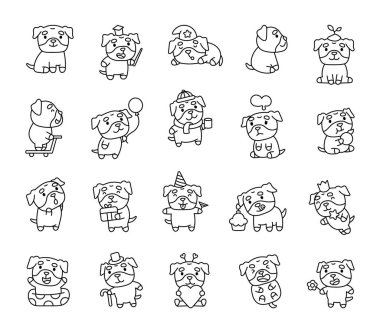 Rottweiler seti, çeşitli duyguları ifade eden, aksesuar tutan, yemekten zevk alan, şapka takan, oynayan ve sevimli ve büyüleyici pozlar veren sevimli çizgi film karakterleriyle dolu.