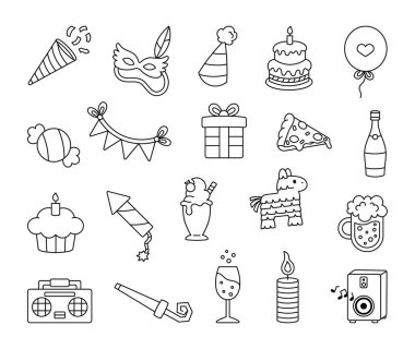 Parti kutlaması sevimli nesne tasviri klip ile ayarlandı. Şenlikli dekorasyonlar, lezzetli tatlılar, balon, maske, heyecan verici hediye, canlı müzik ve parti şapkası.