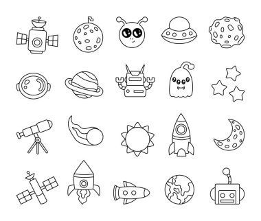 Space set with a mysterious UFO, a drifting asteroid, a curious alien, a powerful satellite, twinkling stars, a blazing comet, a futuristic robot, Earth, a spaceship, and a thrilling adventure. clipart