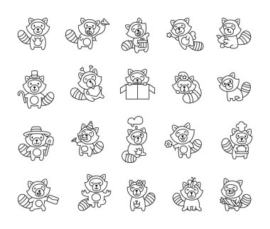 Rakun setinde çeşitli duyguları, komik ifadeleri ve sevimli pozları olan sevimli kawaii çizgi karakterleri vardı. Uyuma, uçma, kutlama ve elinde farklı nesneler bulundurmak da dahil.