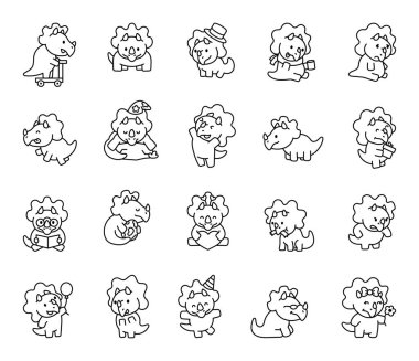 Sevimli Triceratops sevimli kawaii çizgi film karakteri farklı duyguları, şenlikli aksesuarları ve eğlenceli günlük aktiviteleri olan ve sizin yaratıcı illüstrasyonunuz için özel anları olan.