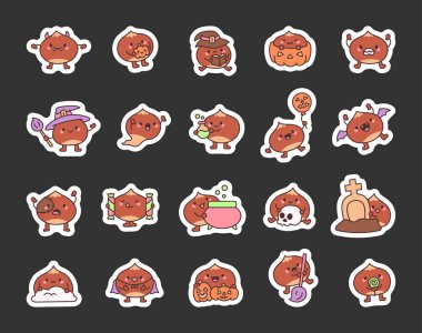 Kestane rengi cadılar bayramı karakteri, ürkütücü balkabaklarıyla, sivri dişli vampirlerle, hayaletlerle, gizemli kafataslarıyla ve mezarlarıyla, kabarcıklı iksirle, ve cadılar bayramı ruhuna eklenen şenlikli balonlarla..