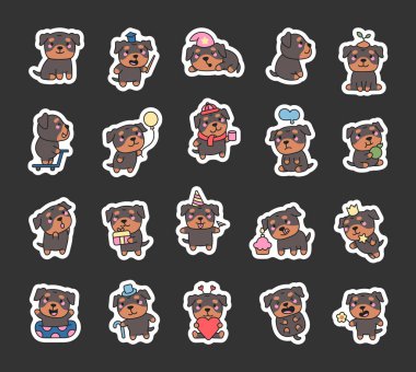 Rottweiler seti, çeşitli duyguları ifade eden, aksesuar tutan, yemekten zevk alan, şapka takan, oynayan ve sevimli ve büyüleyici pozlar veren sevimli çizgi film karakterleriyle dolu.