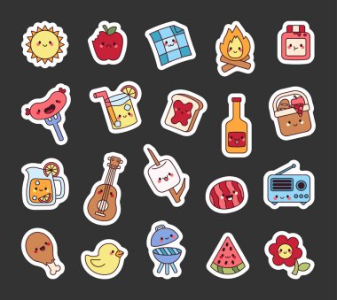 Şirin kawaii çizgi film karakterlerinin olduğu piknik seti lezzetli yemekler, ferahlatıcı içecekler, rahat battaniyeler, sıcak kamp ateşi ve açık hava yaz atmosferinde eğlenceli barbekü anları.