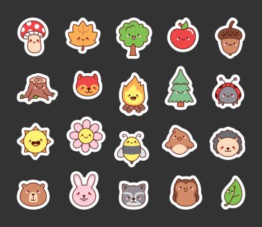 Gülücükler saçan hayvanlar, bitkiler ve böceklerle dolu büyüleyici orman doğası. Şirin bir kawaii çizgi film tarzında. Sizlerin yaratıcı illüstrasyon projenize sıcaklık, neşe ve dostluk katıyor..