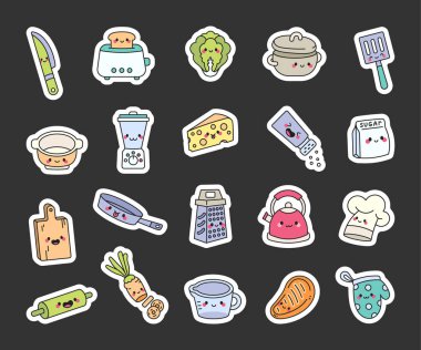 Sevimli kawaii mutfak seti gülümseme aletleri, yemek malzemeleri, yemek hazırlama, pişirme ve evdeki günlük mutfak maceralarına eğlence ve cazibe getiren