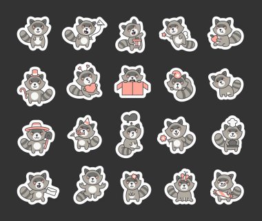 Rakun setinde çeşitli duyguları, komik ifadeleri ve sevimli pozları olan sevimli kawaii çizgi karakterleri vardı. Uyuma, uçma, kutlama ve elinde farklı nesneler bulundurmak da dahil.