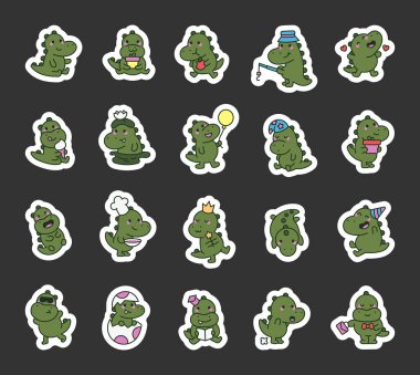 Farklı duyguları, komik ifadeleri, çeşitli aksesuarları ve güzel kawaii çizgi film tarzında çekici nesneleri gösteren sevimli timsah karakter seti.