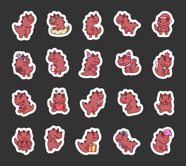 Sevimli Carnotaurus şirin kawaii çizgi film karakteri seti çeşitli duyguları, şenlikli aksesuarları ve tatil için eğlenceli günlük aktiviteleri ve yaratıcı illüstrasyonunuz için özel anları barındırıyor.