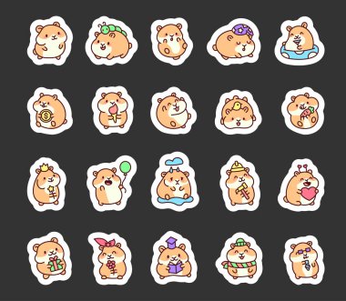 Sevimli hamster hayvan seti içinde çeşitli duyguları, aksesuarları ve yemek, içmek, kutlamak ve okumak gibi eğlenceli aktiviteleri olan sevimli kawaii çizgi film karakterleri var.