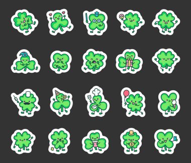 Gülme, lezzetli çörek, öfkeli ruh hali, hediye sürprizi, meditasyon pozu gibi çeşitli duygu ve aksesuarlara sahip sevimli yonca seti..