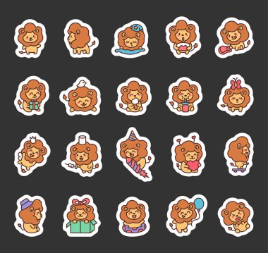 Sevimli aslan karakter seti sevimli kawaii doğum günü kutlaması, hediyeler, balonlar, şapkalar, ve büyüleyici bir çizgi film tarzında iç açıcı anların tadını çıkarıyor.