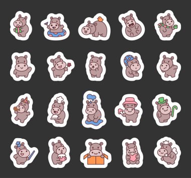 Sevimli su aygırı, çeşitli pozlarda sevimli kawaii çizgi film karakterleri belirledi. Sevinç, sürpriz, aşk ve mutluluğu ifade ederken kutlama, içki, yemek pişirme ve büyülü anların tadını çıkarıyordu.