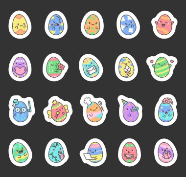 Kutlama, yemek, içecek, hediye, sihir, öğrenme, uyku ve kahkaha da dahil olmak üzere kawai çizgi film karakterleriyle harika bir Paskalya yumurtası seti.