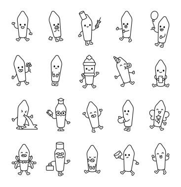 Çeşitli duygulara ve yaratıcı tıbbi çizimler için neşeli karikatür tarzında eşsiz pozlara sahip fitilli sevimli kawaii karakter seti.
