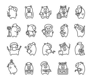 Şırınga, steteskop, termometre ve haplar gibi yaratıcı projeler için sevimli çizgi film stilleri kullanan çeşitli tıbbi rollerde kapibareli doktor ve hemşire karakterleri..