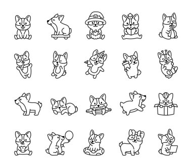 Şirin ve komik ifadeler, neşeli pozlar, şenlikli kutlamalar, tapılası aksesuarlar ve günlük aktivitelerinizin büyüleyici anları içeren Corgi köpek karakter seti tasarım projeleriniz için.