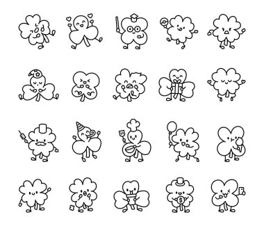 Gülme, lezzetli çörek, öfkeli ruh hali, hediye sürprizi, meditasyon pozu gibi çeşitli duygu ve aksesuarlara sahip sevimli yonca seti..