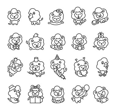 Sevimli aslan karakter seti sevimli kawaii doğum günü kutlaması, hediyeler, balonlar, şapkalar, ve büyüleyici bir çizgi film tarzında iç açıcı anların tadını çıkarıyor.