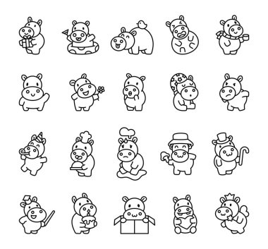 Sevimli su aygırı, çeşitli pozlarda sevimli kawaii çizgi film karakterleri belirledi. Sevinç, sürpriz, aşk ve mutluluğu ifade ederken kutlama, içki, yemek pişirme ve büyülü anların tadını çıkarıyordu.