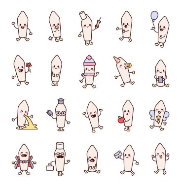 Çeşitli duygulara ve yaratıcı tıbbi çizimler için neşeli karikatür tarzında eşsiz pozlara sahip fitilli sevimli kawaii karakter seti.