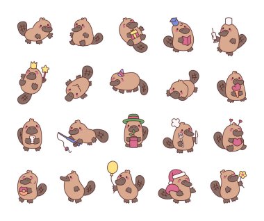 Şirin kawaii çizgi film karakterleri çeşitli pozlarda ve tatil için aksesuarlarla bezenmiş.