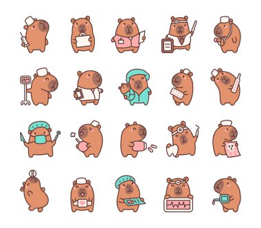 Şırınga, steteskop, termometre ve haplar gibi yaratıcı projeler için sevimli çizgi film stilleri kullanan çeşitli tıbbi rollerde kapibareli doktor ve hemşire karakterleri..