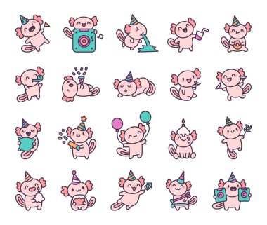 Axolotl parti setinde balonlarla, pastayla, konfetilerle, mumlarla, içkilerle, farklı pozlarla ve sizin tasarım projeleriniz için büyüleyici kawaii karikatür karakterleri yer alıyor.