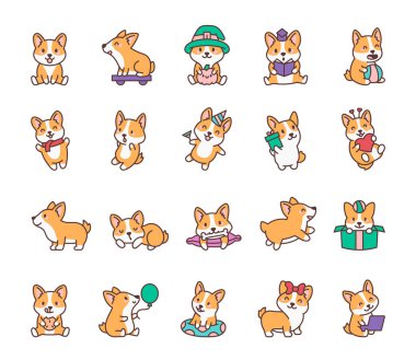 Şirin ve komik ifadeler, neşeli pozlar, şenlikli kutlamalar, tapılası aksesuarlar ve günlük aktivitelerinizin büyüleyici anları içeren Corgi köpek karakter seti tasarım projeleriniz için.
