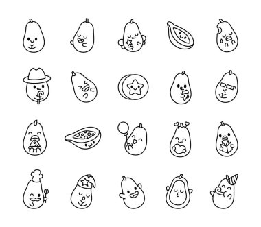 Sevimli çizgi film kawaii papaya meyve seti çeşitli duyguları, sevimli aksesuarları ve yemek temalı çizimler ve yaratıcı tasarımlarınız için mükemmel oyuncu ifadeleri barındırır.