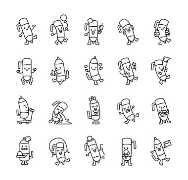 Çeşitli duygusal ifadeleri, eğlenceli aksesuarları ve yaratıcı ofis veya okul malzemeleri olan sevimli kawaii çizgi film karakterleri içeren tapılası tükenmez kalem kırtasiyesi seti.