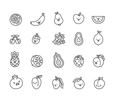 Sevimli taze ve sulu meyveler, büyüleyici çizgi film karakterleri, çeşitli duyguları eğlenceli ve dost canlısı bir şekilde ifade ediyorlar.