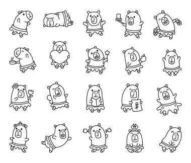 Büyüleyici capybara balerin seti. Sevimli karakterleri canlandırıyor, dans ediyor, okuyor, resim yapıyor, bir içecekten zevk alıyor, bir çiçek tutuyor, aşkı kutluyor, Kawaii çizgi film stilinde kanat çırpıyor.