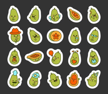 Sevimli çizgi film kawaii papaya meyve seti çeşitli duyguları, sevimli aksesuarları ve yemek temalı çizimler ve yaratıcı tasarımlarınız için mükemmel oyuncu ifadeleri barındırır.