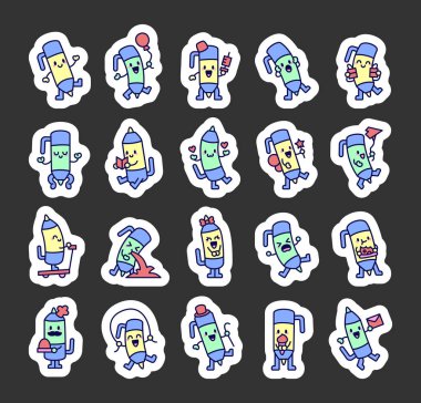 Çeşitli duygusal ifadeleri, eğlenceli aksesuarları ve yaratıcı ofis veya okul malzemeleri olan sevimli kawaii çizgi film karakterleri içeren tapılası tükenmez kalem kırtasiyesi seti.