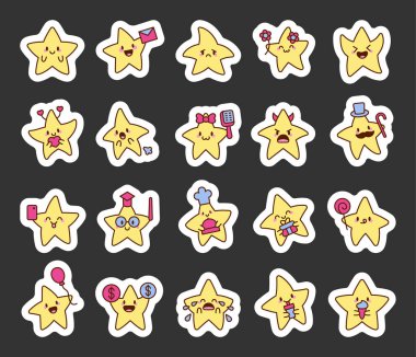 Gülen, gülen, şaşıran, romantik, yemek, içki ve tatlı kawaii karikatür tarzında şenlik anları gibi çeşitli duygular ve aksesuarlarla dolu yıldız karakterleri.