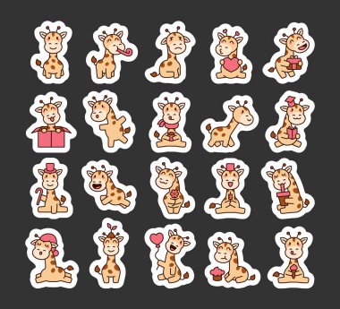 Sevimli zürafa setinde çeşitli duygular ve şirin pozlar, doğum günlerini kutlamak, aşk, öğrenme ve Kawaii çizgi filmlerindeki günlük anlar senin yaratıcı tasarımların için.