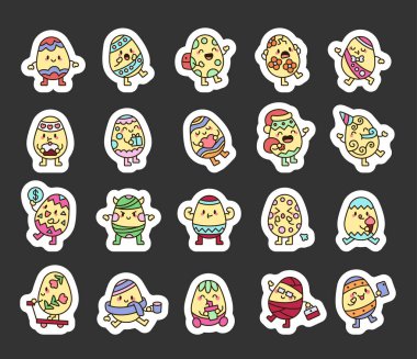 Çeşitli duygulara, şenlikli aksesuarlara ve tatil öğelerine sahip Paskalya yumurtası seti mevsimlik dekorasyonlar, neşeli kutlamalar ve yaratıcı tasarım projeleriniz için mükemmel.