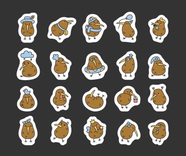 Farklı duyguları ifade eden ve şapka, gözlük ve çeşitli durumlar için temalı kıyafetler gibi çeşitli aksesuarlar takan sevimli kivi kuş karakterleri.