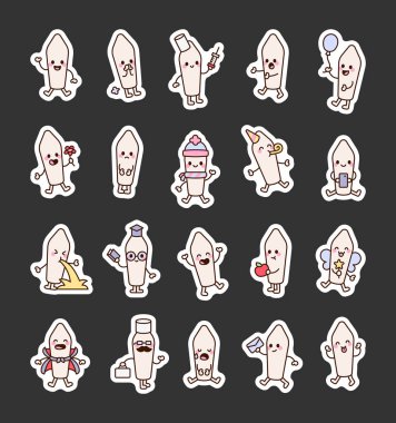 Çeşitli duygulara ve yaratıcı tıbbi çizimler için neşeli karikatür tarzında eşsiz pozlara sahip fitilli sevimli kawaii karakter seti.