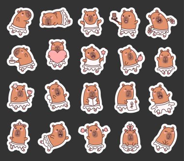 Büyüleyici capybara balerin seti. Sevimli karakterleri canlandırıyor, dans ediyor, okuyor, resim yapıyor, bir içecekten zevk alıyor, bir çiçek tutuyor, aşkı kutluyor, Kawaii çizgi film stilinde kanat çırpıyor.