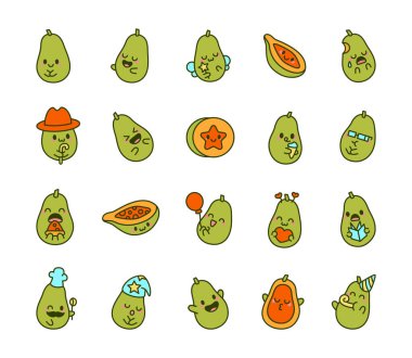 Sevimli çizgi film kawaii papaya meyve seti çeşitli duyguları, sevimli aksesuarları ve yemek temalı çizimler ve yaratıcı tasarımlarınız için mükemmel oyuncu ifadeleri barındırır.