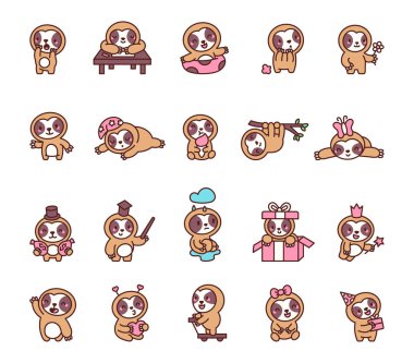 Sevimli kawaii çizgi film karakterlerinin yer aldığı tembel hayvan seti farklı duyguları ifade eden ve sizin tasarım projeleriniz için kutlama, rahatlama, oyun ve günlük aktivitelerden zevk alırken poz veren.