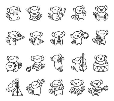 Sevimli axolotl orkestrası seti, rüzgar, telli enstrümanlar, karikatür hayvanlarının eşsiz melodilerini icra etmesi ve neşeli performanslarla uyumlu müzik deneyimleri yaratması.