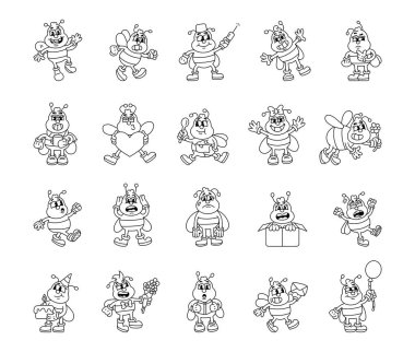 Arı böceği karakter seti çeşitli duygu ve pozlar içerir, gülümseme, selamlama, düşünme, şaşırma, yürüme, kutlama ve farklı durumlarda eğlenme de dahil olmak üzere.