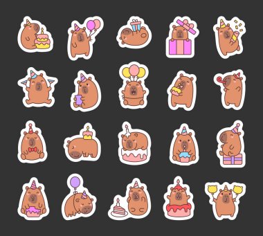 Parti şapkası, pastası, balonu, hediyesi, konfetisi, mumu, tebrik kartı ve çeşitli neşeli pozlarda neşeli aksesuarları olan sevimli karakterlerin yer aldığı sevimli Capybara doğum günü seti.