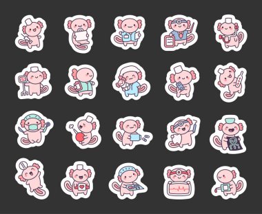 Axolotl doktor seti, hemşire şapkaları, steteskopları, panoları, kalp atışı monitörleri, termometreleri ve hasta bakımı ve sağlık hizmetleri için gerekli diğer hastane aletleri olan sevimli tıbbi karakterlerle donatılmıştır.