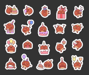 Sevimli kestane rengi doğum günü seti parti şapkası, pasta, balon, hediye, konfeti, mum, tebrik kartı ve çeşitli neşeli pozlarda neşeli aksesuarları olan sevimli karakterler.