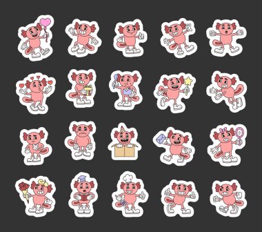 Axolotl retro karakter seti; eldivenler, botlar, sihirli değnek, mezuniyet şapkası, parti şapkası gibi çeşitli duygu ve aksesuarlarla donatılmıştır.