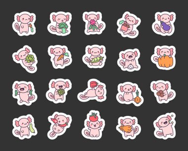 Axolotl komik karakter seti sevimli kawaii çizgi film duygularıyla yaratıcı yemek çizimleri için taze sebzeler yemek ve beslenme fikirleri için sağlıklı atıştırmalık tasarımlar tutuyor.